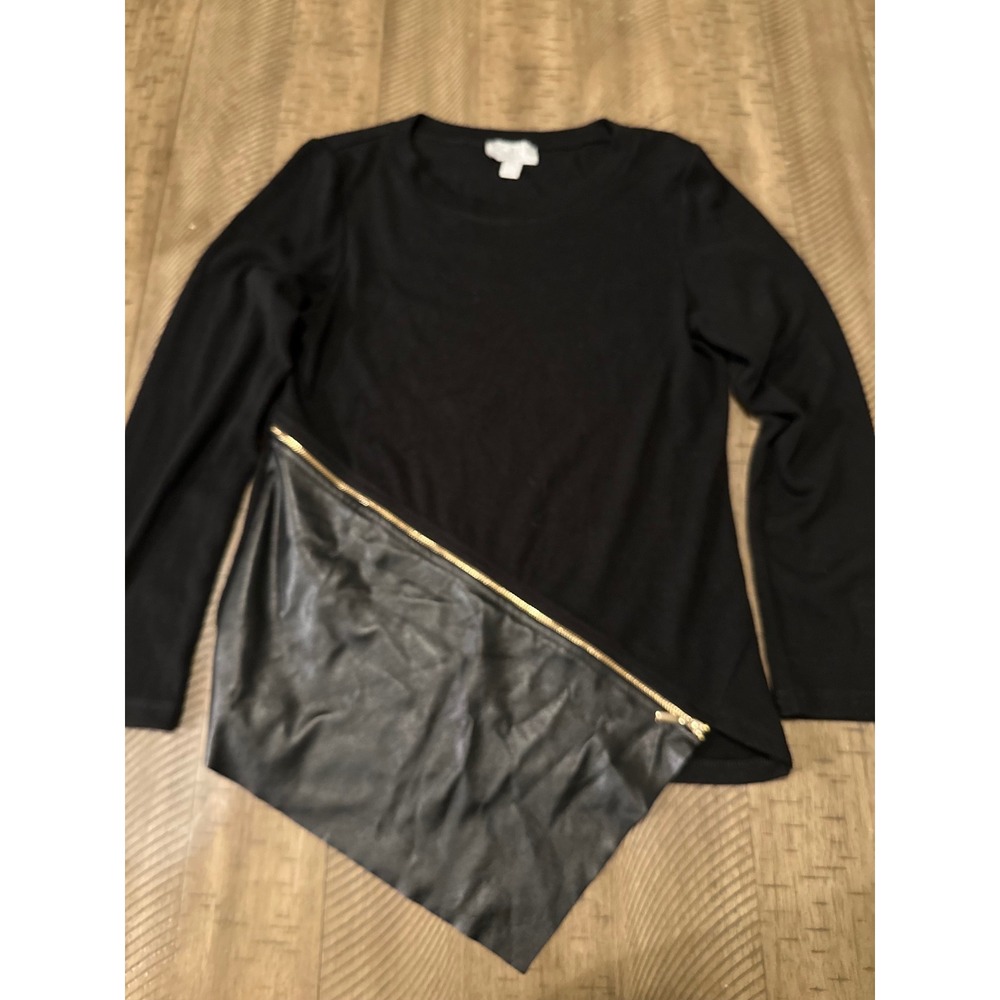 SCAPA Lauren Perre Mixed Media Top - Asymmetrical Faux Leather & Gold Zip - XS